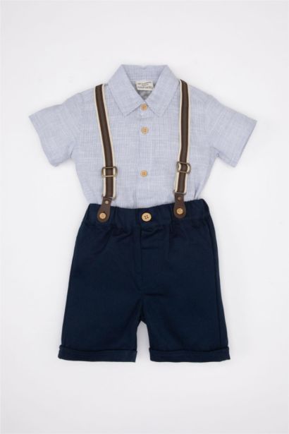 Baby Boy Striped Shirt Shorts Bow Tie Suspender 4 Piece Set
