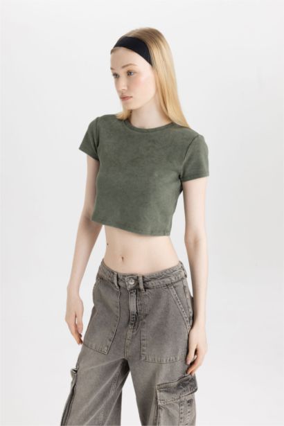 Fitted Washed Faded Effect Basic T-Shirt