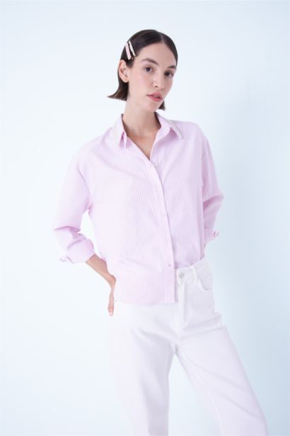 Oversize Shirt Collar Striped Oxford Long Sleeve Shirt