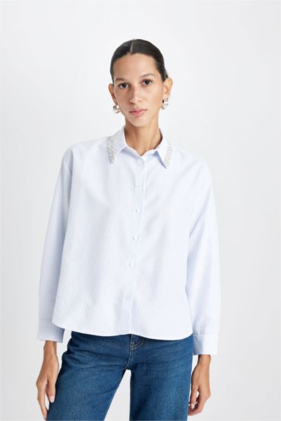 Oversize Shirt Collar Striped Oxford Long Sleeve Shirt