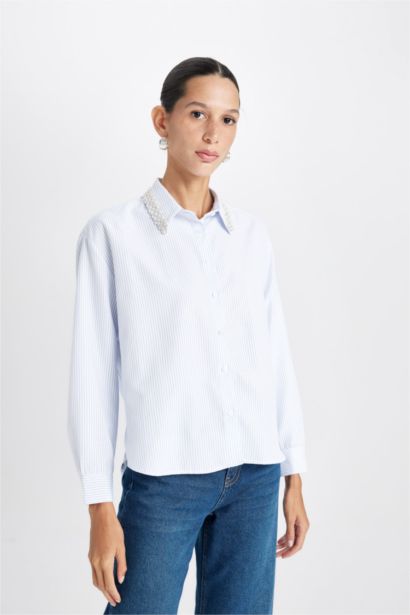 Chemise Oversize rayée à manches longues avec détails en perles