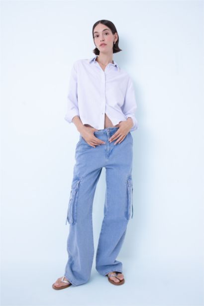 Oversize Fit Shirt Collar Striped Collar Beaded Detail Shirt