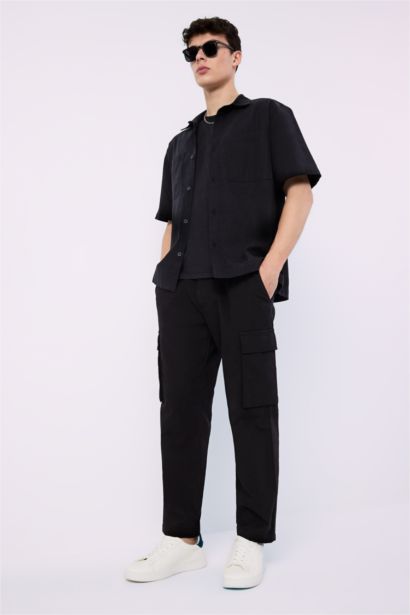 Pantalon cargo 100% coton aspect lin large avec poches
