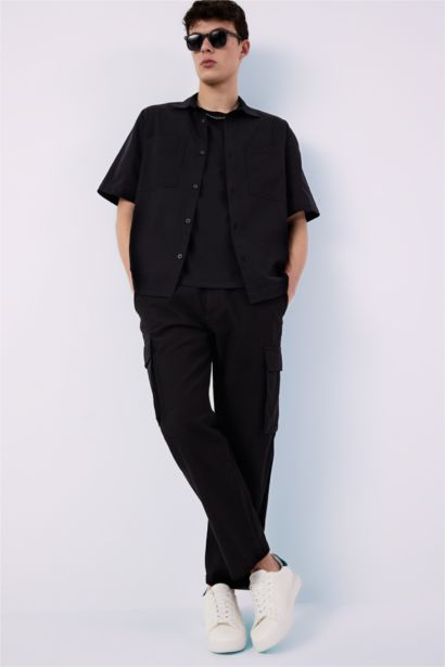 Pantalon cargo 100% coton aspect lin large avec poches
