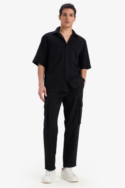 Pantalon cargo 100% coton aspect lin large avec poches