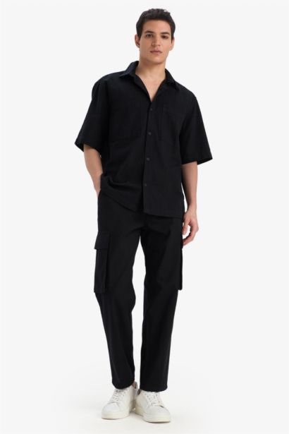 Pantalon cargo 100% coton aspect lin large avec poches