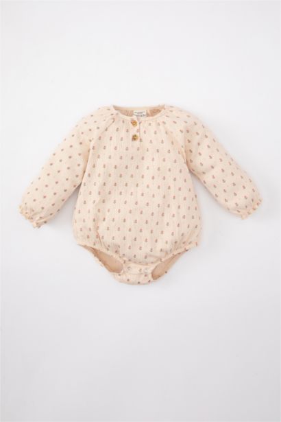 سالوبيت بناتي بنقشة الزهور حديثي الولادة كم طويل برقبة بأزرار