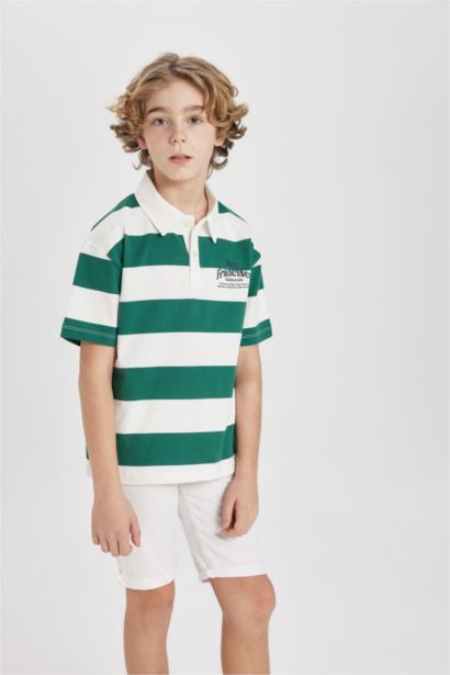 Boy Oversize Fit Striped Printed Polo T-Shirt