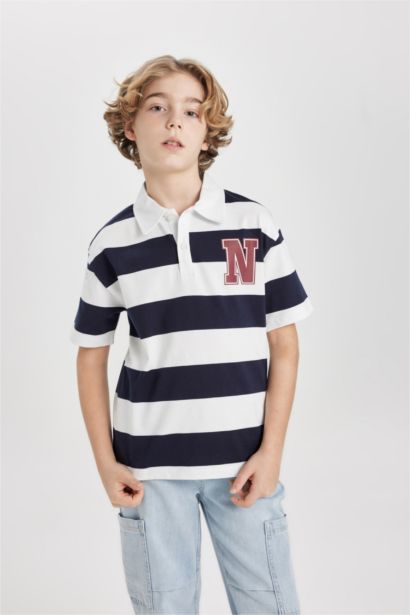 Boy Oversize Fit Striped Printed Short Sleeve Polo T-Shirt