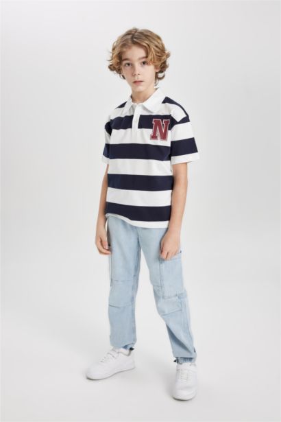 Boy Oversize Fit Striped Printed Short Sleeve Polo T-Shirt