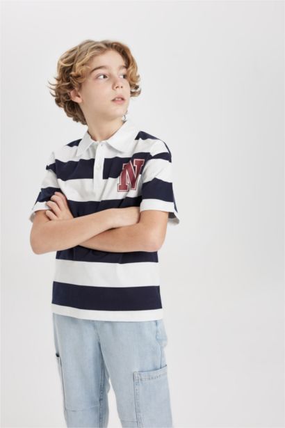 Boy Oversize Fit Striped Printed Short Sleeve Polo T-Shirt