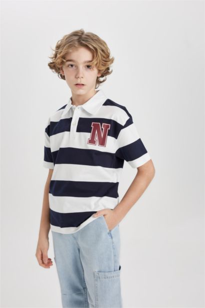 Boy Oversize Fit Striped Printed Short Sleeve Polo T-Shirt