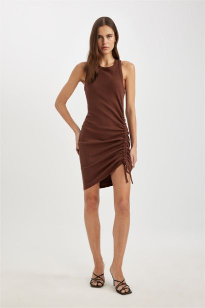 Bodycon Vücudu Saran Yuvarlak Yaka Fitilli Kaşkorse Kolsuz Mini Elbise