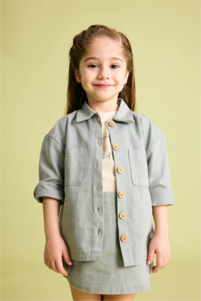 Baby Girl Pocketed Gabardine Long Sleeve Shirt