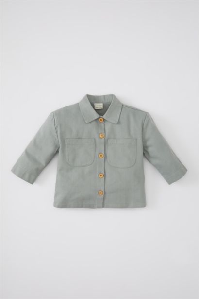 Baby Girl Pocketed Gabardine Long Sleeve Shirt