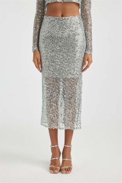 Sequined Slit Maxi Skirt