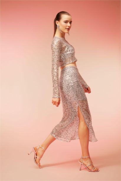 Sequined Slit Maxi Skirt