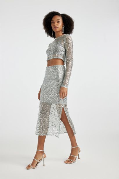 Sequined Slit Maxi Skirt
