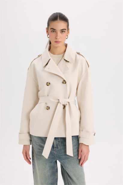 Buttoned Pocket Epaulette Belted Waterproof Short Trench Coat