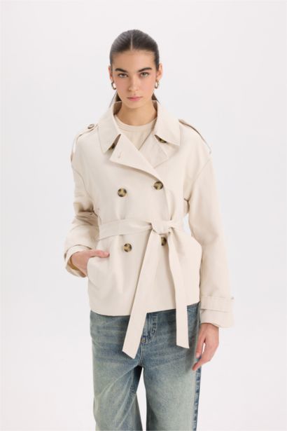 Buttoned Pocket Epaulette Belted Waterproof Short Trench Coat