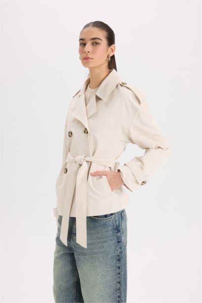 Buttoned Pocket Epaulette Belted Waterproof Short Trench Coat