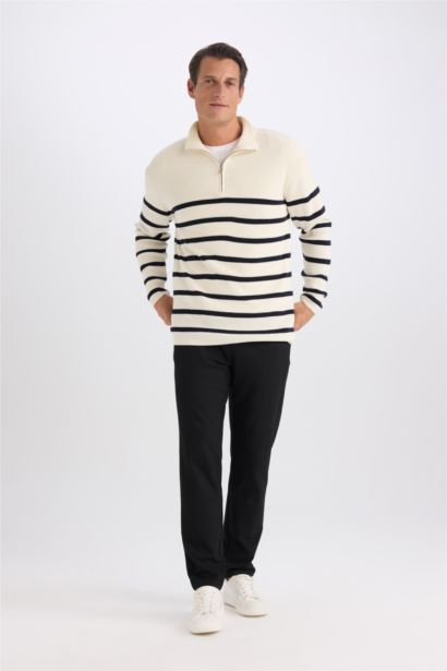 Standard Fit Stand Collar Striped Zippered Pullover