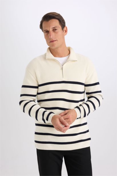 Standard Fit Stand Collar Striped Zippered Pullover