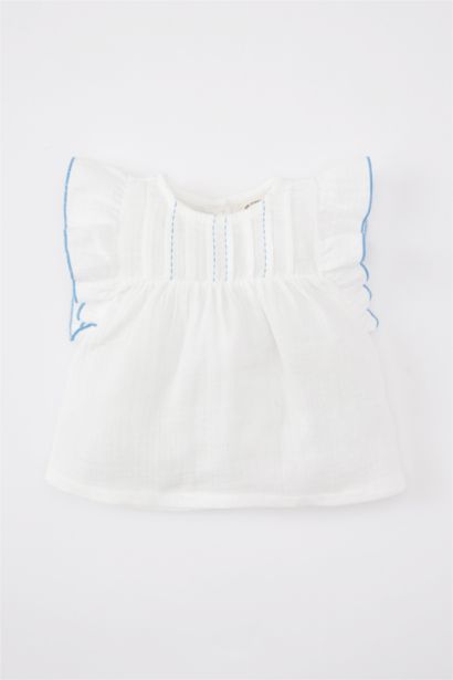 Baby Girl Crew Neck Muslin Short Sleeve Shirt