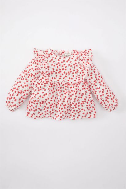 قميص بناتي بنقشة الزهور قصة عادية برقبة مستديرة