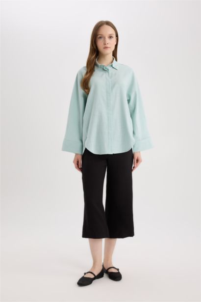 قميص طويل ممزوج بالكتان قصة مريحة وردن طويل