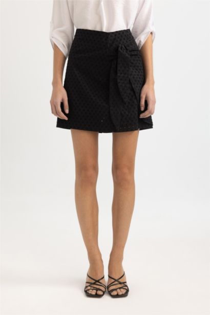 Normal Waist Lined Embroidery Mini Skirt