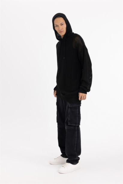 Regular Fit Kapüşonlu Kroşe Delikli Triko Sweatshirt