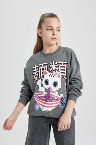 Girl Oversize Fit Crew Neck Printed Sweatshirt