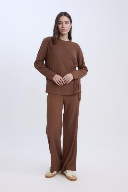 Bürümcük Pantolon Wide Leg Geniş Bol Paça Beli Lastikli