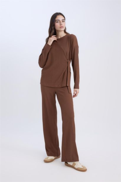 Bürümcük Pantolon Wide Leg Geniş Bol Paça Beli Lastikli