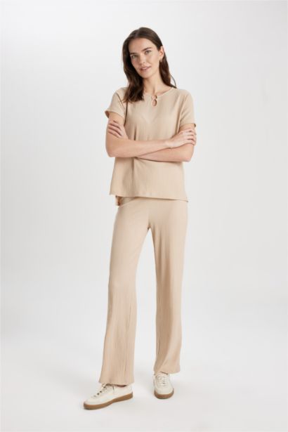 Bürümcük Pantolon Wide Leg Geniş Bol Paça Beli Lastikli