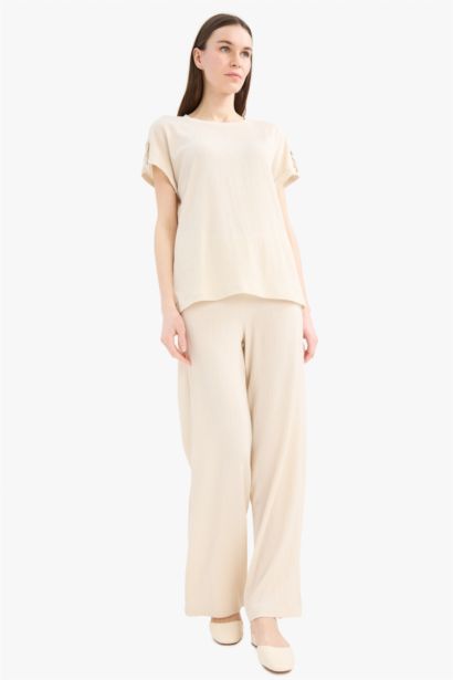 Bürümcük Pantolon Wide Leg Geniş Bol Paça Beli Lastikli