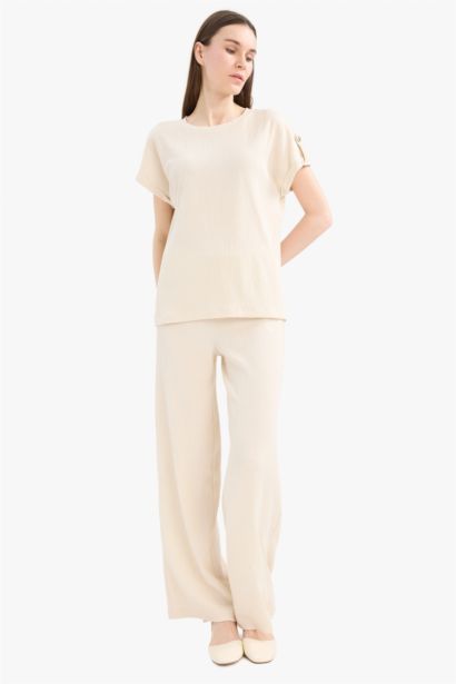 Bürümcük Pantolon Wide Leg Geniş Bol Paça Beli Lastikli