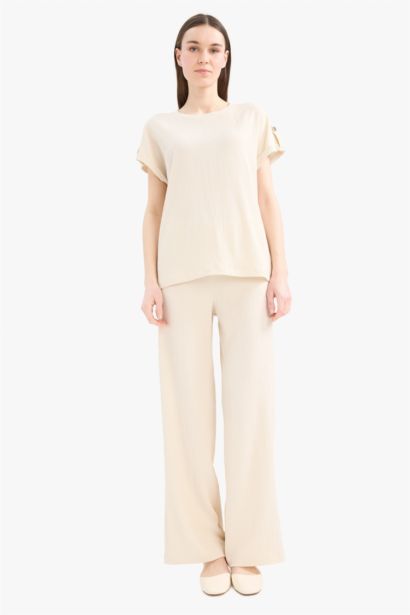 Bürümcük Pantolon Wide Leg Geniş Bol Paça Beli Lastikli