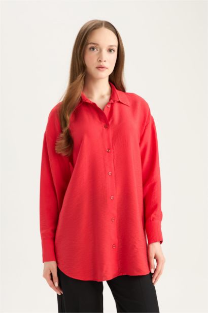 قميص طويل احمر سادة ردن طويل وقصة مريحة