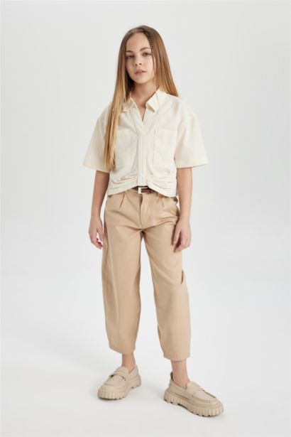 Cropped Fit Pamuklu Kısa Kollu Gömlek Kız Çocuk