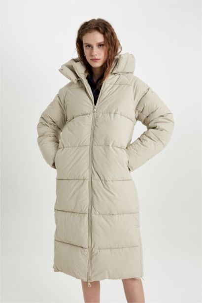 Su İtici Regular Kalıp Kapüşonlu Fermuarlı Cepli Uzun Mont Parka