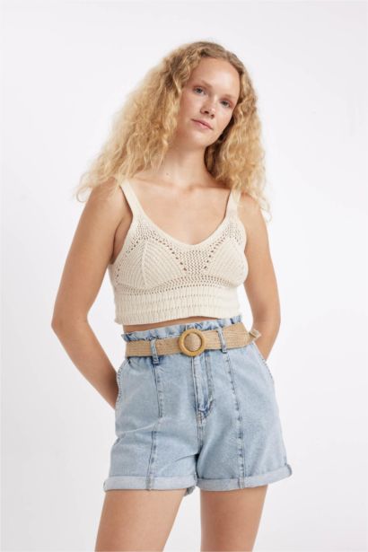 Paperbag High Waist Fold-Ankle Denim Shorts