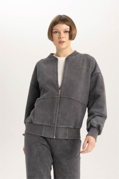 Relax Fit Bomber Collar Thick Sweatshirt Fabric Zip up Sweatshirt