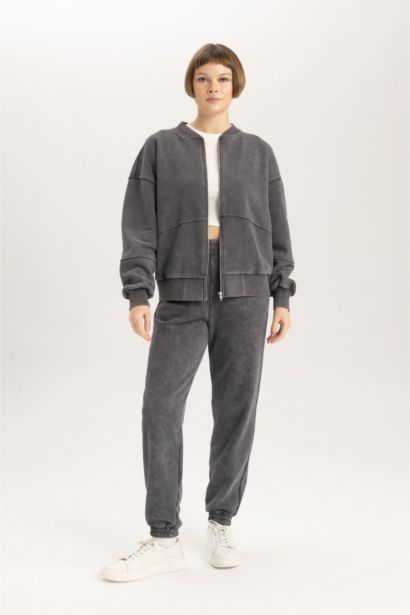 Relax Fit Bomber Collar Thick Sweatshirt Fabric Zip up Sweatshirt