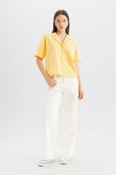Oversize Fit Pajama Collar Flamed Cotton Shirt