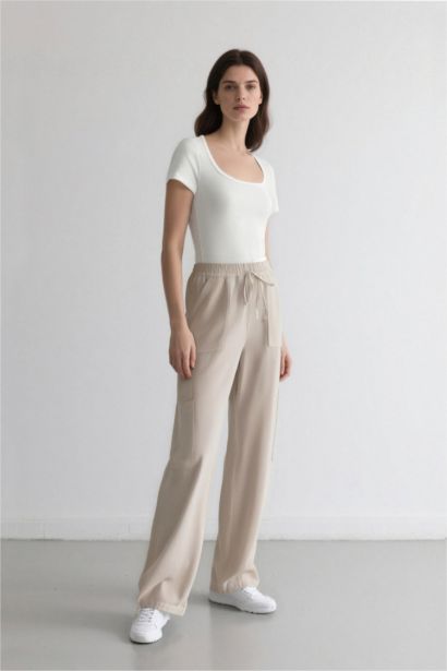 Wide Leg Geniş Paça Keten Karışımlı Pantolon Kargo Cepli Yüksek Bel