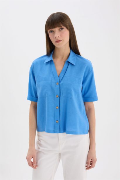 Boxy Fit Shirt Collar Linen Blended Short Sleeve Shirt