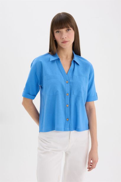 Boxy Fit Shirt Collar Linen Blended Short Sleeve Shirt