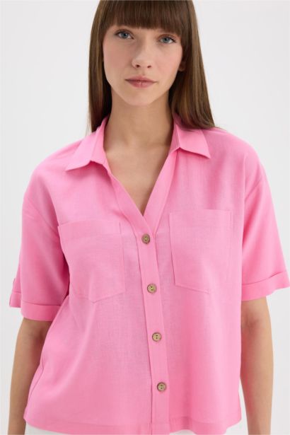 Boxy Fit Shirt Collar Linen Blended Short Sleeve Shirt